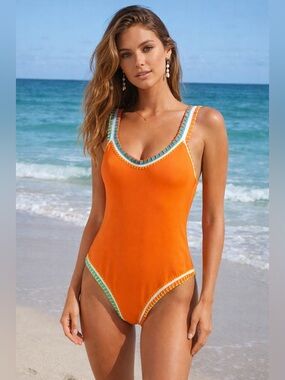 PQ Swim Orange One-Piece with Crochet-Trim NWT